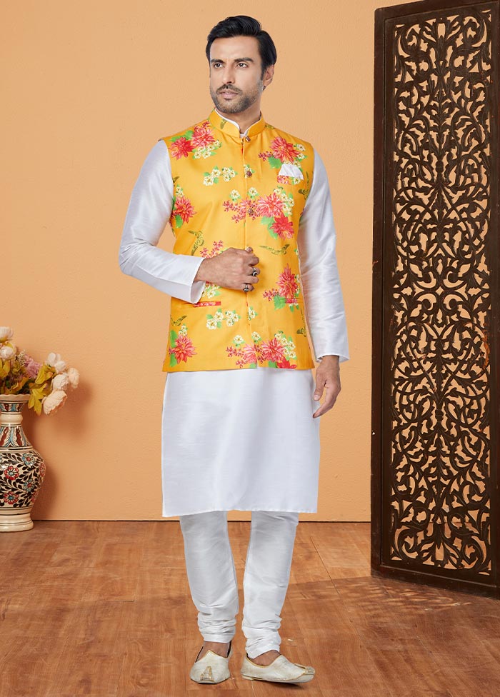 3 Pc White Cotton Kurta Pajama Set - Indian Silk House Agencies