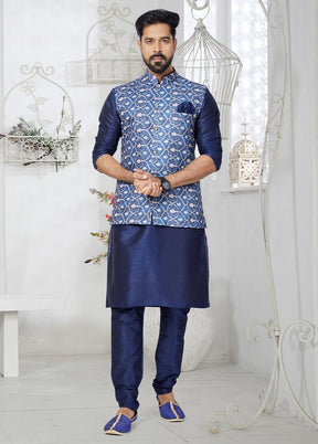 3 Pc Navy Blue Cotton Kurta Pajama Set - Indian Silk House Agencies