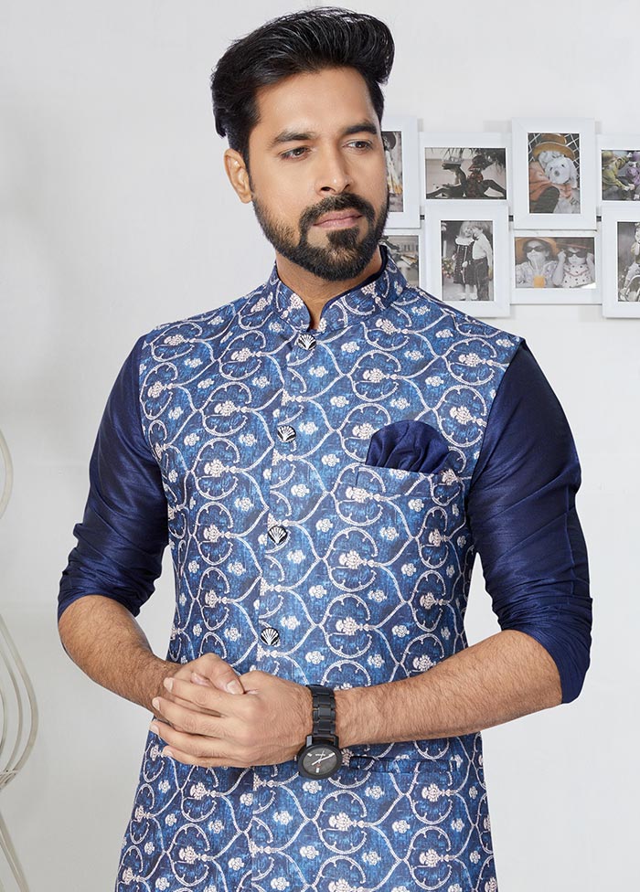 3 Pc Navy Blue Cotton Kurta Pajama Set - Indian Silk House Agencies
