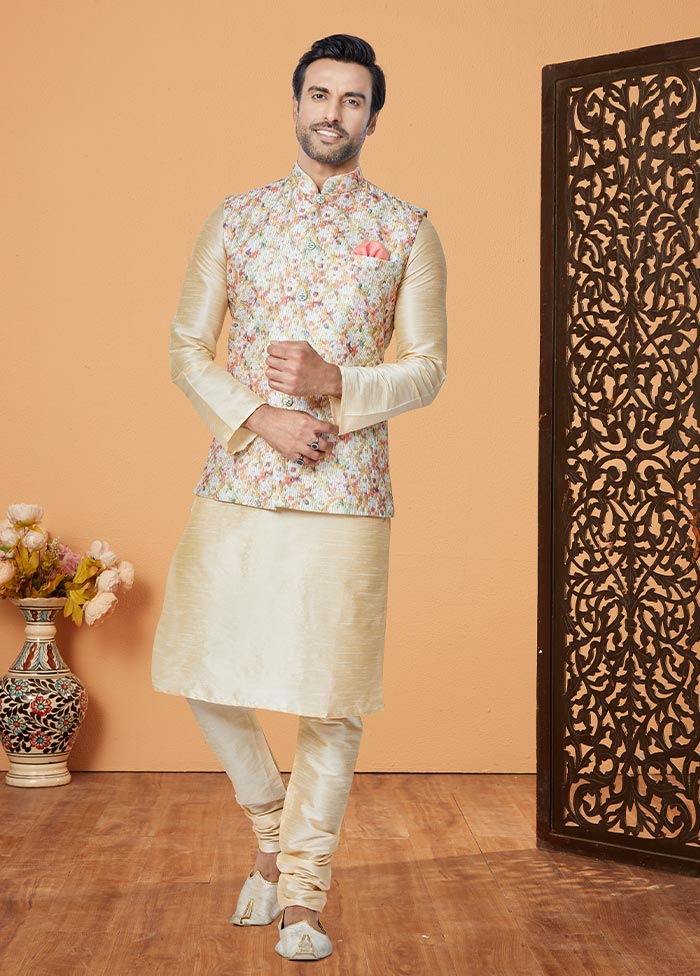 3 Pc Cream Georgette Kurta Pajama Set - Indian Silk House Agencies