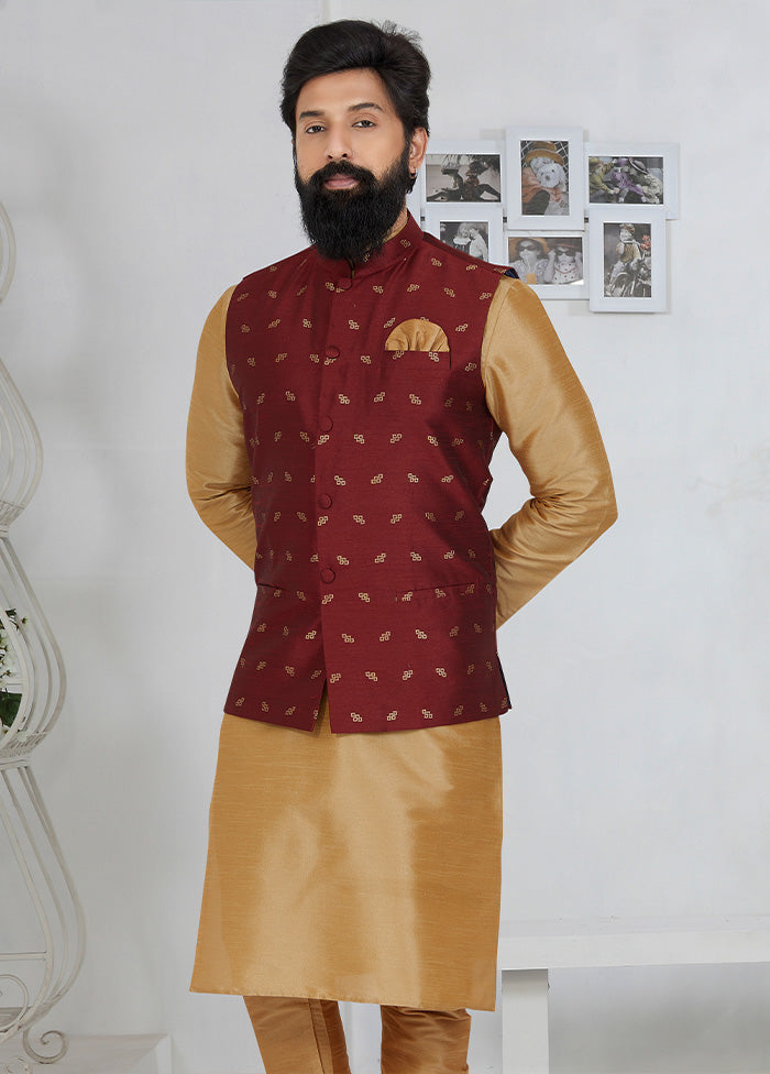 Maroon Full Sleeves Mandarin Collar Waistcoat - Indian Silk House Agencies