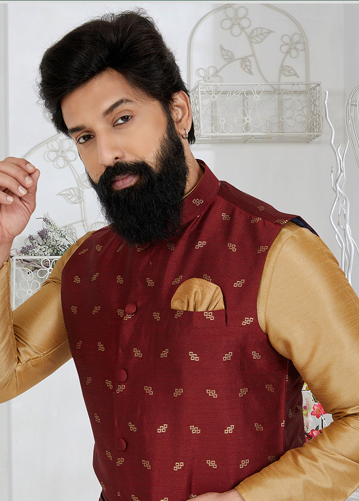 Maroon Full Sleeves Mandarin Collar Waistcoat - Indian Silk House Agencies