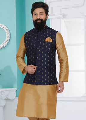Navy Blue Full Sleeves Mandarin Collar Waistcoat - Indian Silk House Agencies