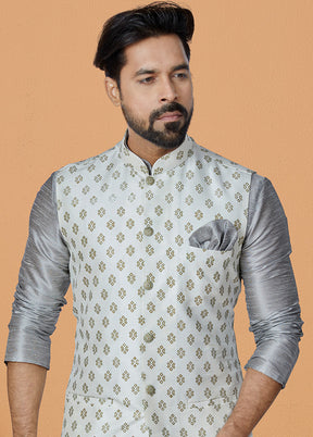 Off White Full Sleeves Mandarin Collar Waistcoat - Indian Silk House Agencies