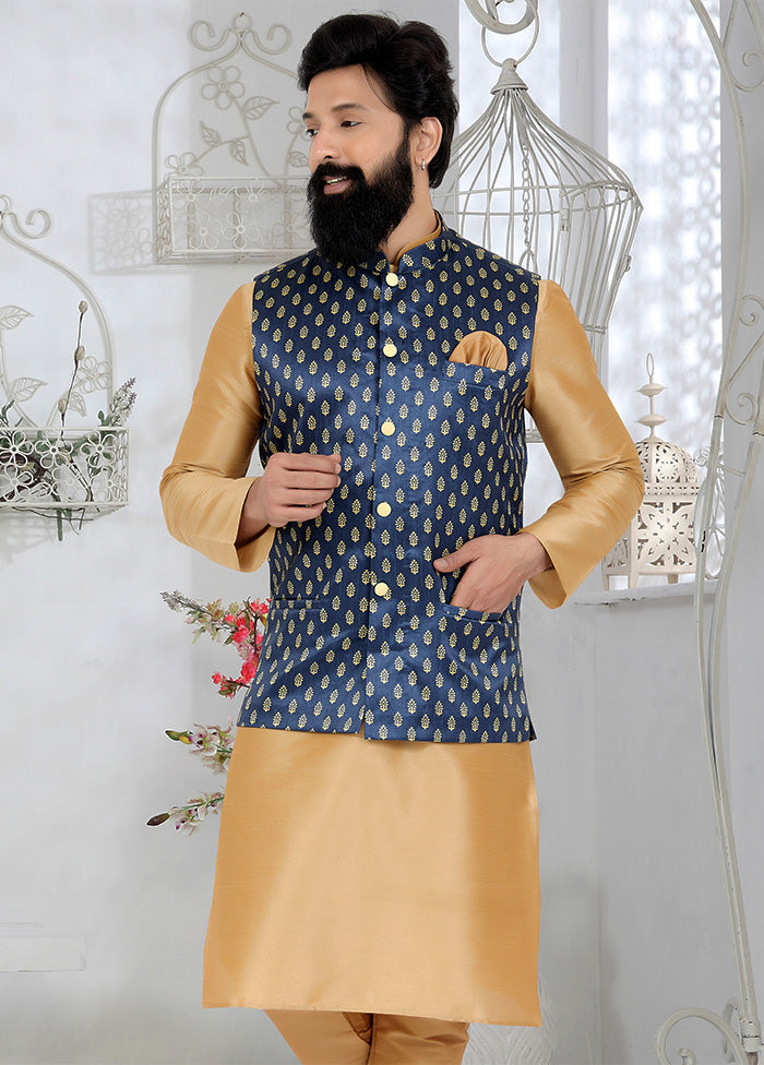 Navy Blue Full Sleeves Mandarin Collar Waistcoat - Indian Silk House Agencies