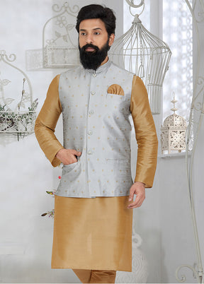 Grey Full Sleeves Mandarin Collar Waistcoat - Indian Silk House Agencies