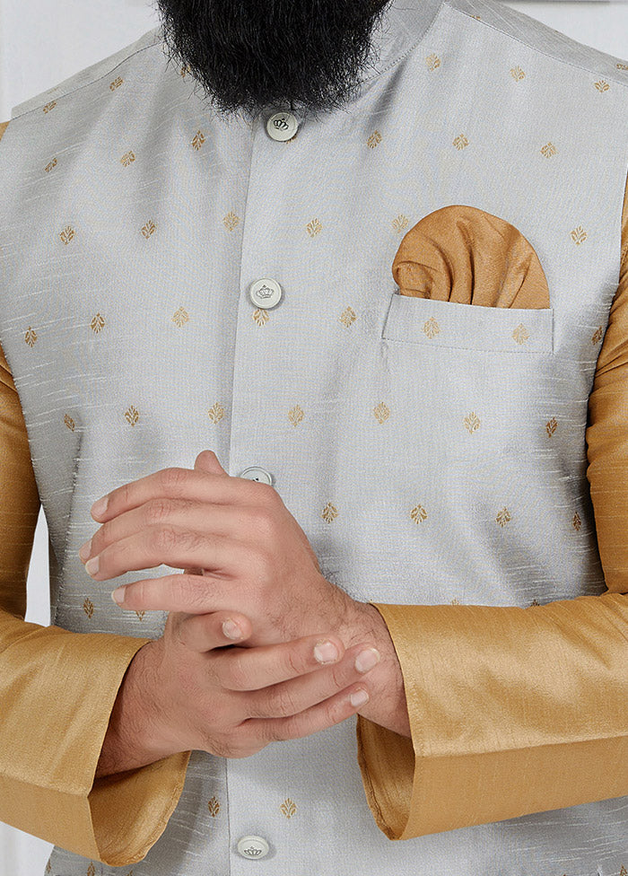 Grey Full Sleeves Mandarin Collar Waistcoat - Indian Silk House Agencies