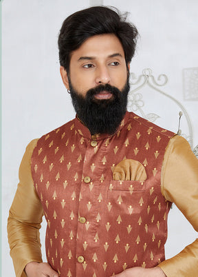 Light Brown Full Sleeves Mandarin Collar Waistcoat - Indian Silk House Agencies