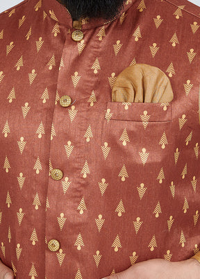 Light Brown Full Sleeves Mandarin Collar Waistcoat - Indian Silk House Agencies