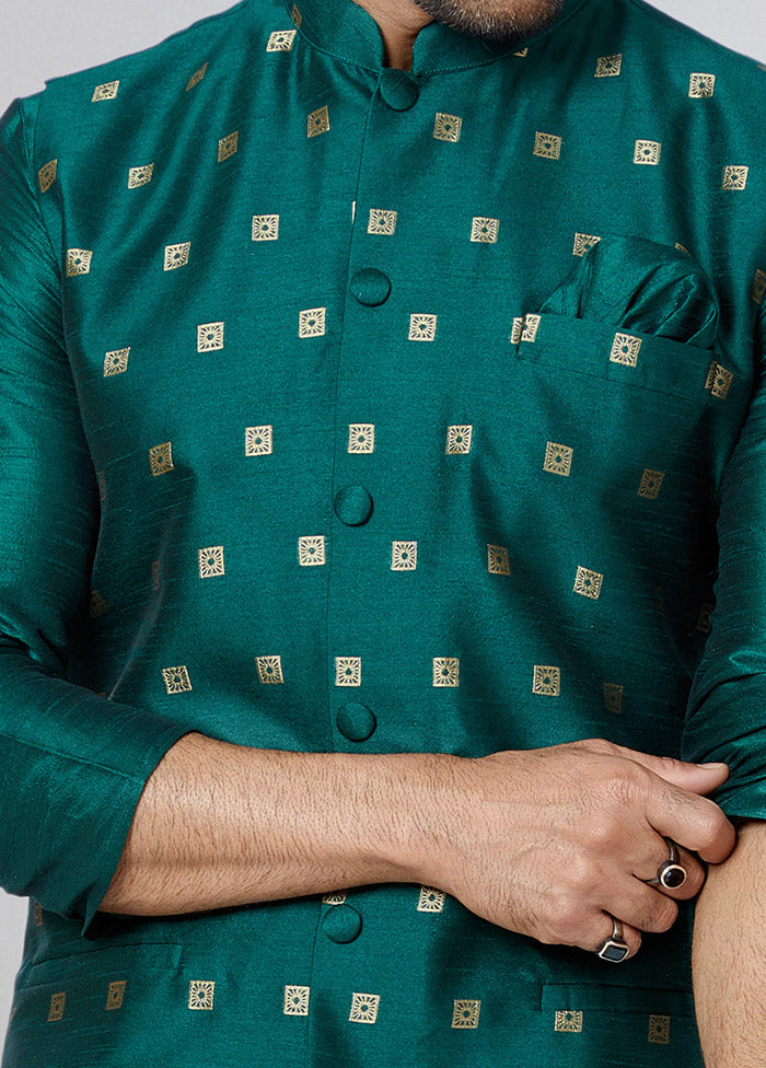Rama Green Full Sleeves Mandarin Collar Waistcoat - Indian Silk House Agencies