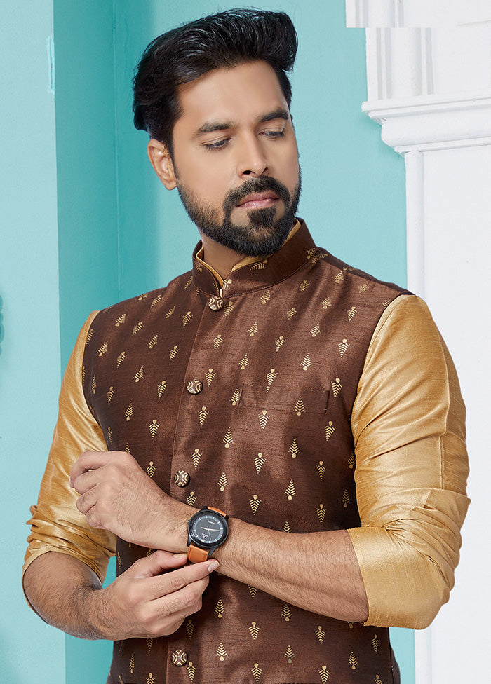 Brown Full Sleeves Mandarin Collar Waistcoat - Indian Silk House Agencies