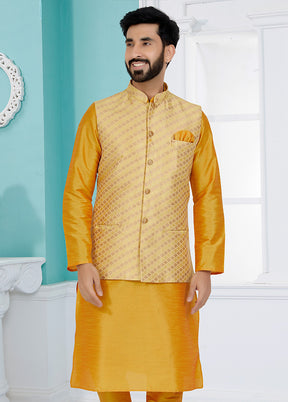 Light Yellow Full Sleeves Mandarin Collar Waistcoat - Indian Silk House Agencies