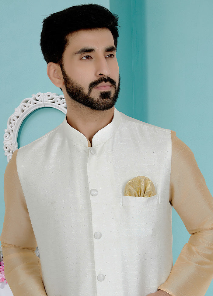 White Full Sleeves Mandarin Collar Waistcoat - Indian Silk House Agencies