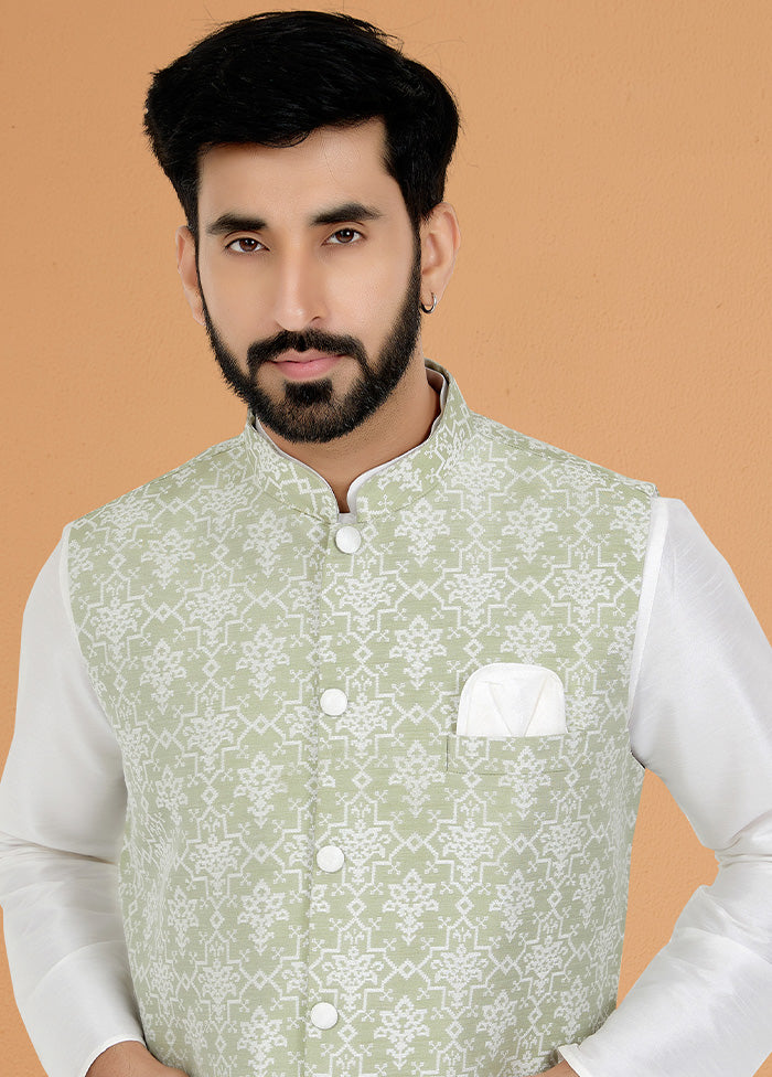 Pista Green Full Sleeves Mandarin Collar Waistcoat - Indian Silk House Agencies