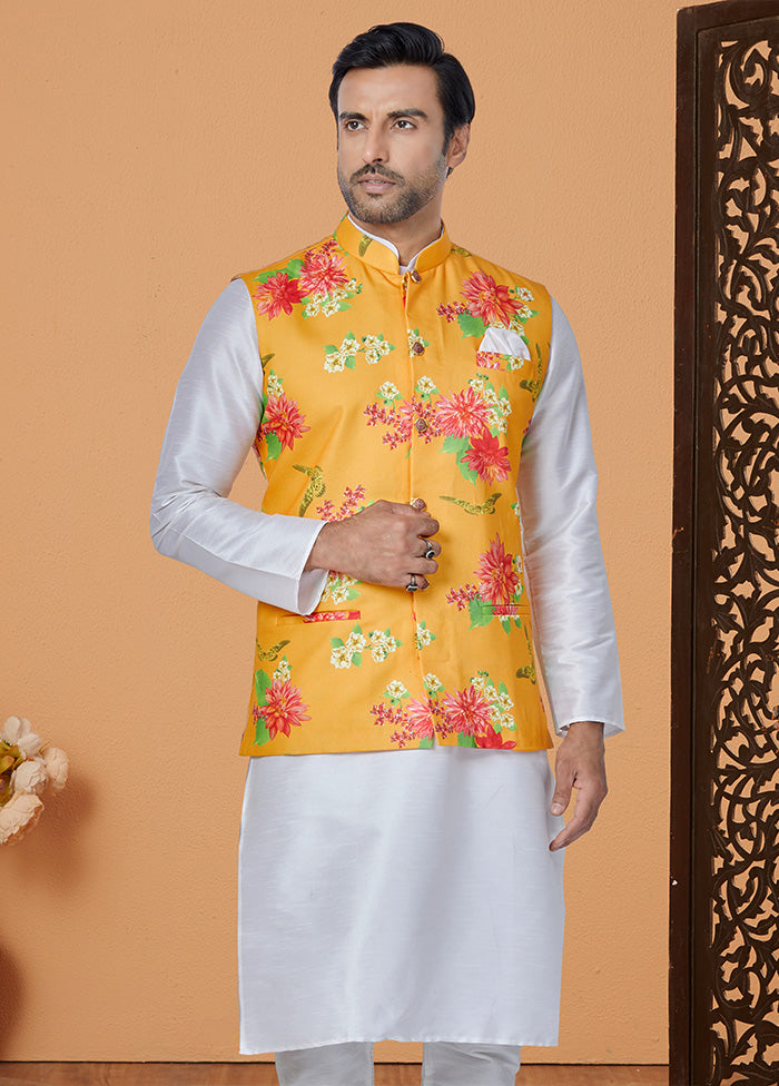 Mustard Full Sleeves Mandarin Collar Waistcoat - Indian Silk House Agencies