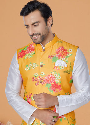 Mustard Full Sleeves Mandarin Collar Waistcoat - Indian Silk House Agencies