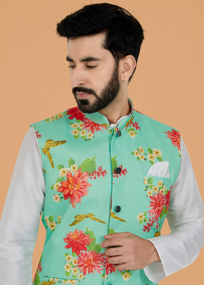 Mint Green Full Sleeves Mandarin Collar Waistcoat - Indian Silk House Agencies
