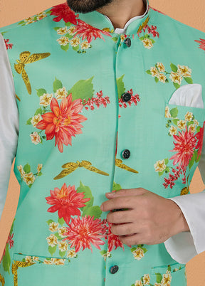 Mint Green Full Sleeves Mandarin Collar Waistcoat - Indian Silk House Agencies