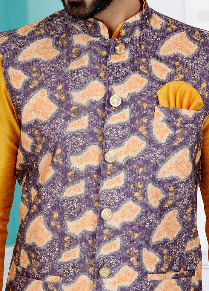 Purple Full Sleeves Mandarin Collar Waistcoat - Indian Silk House Agencies
