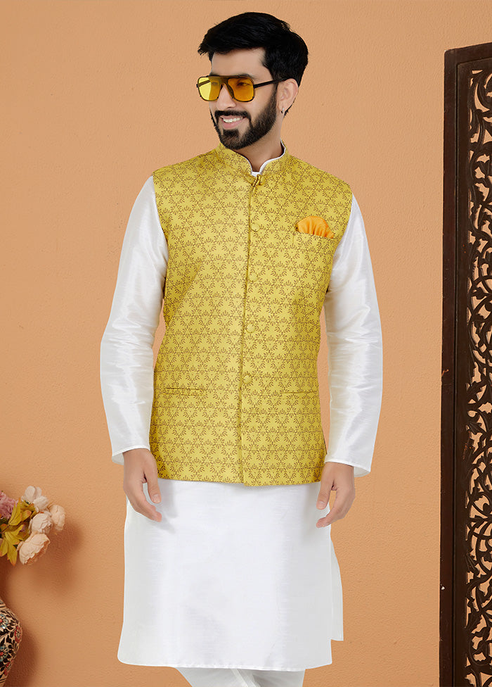 Yellow Full Sleeves Mandarin Collar Waistcoat - Indian Silk House Agencies