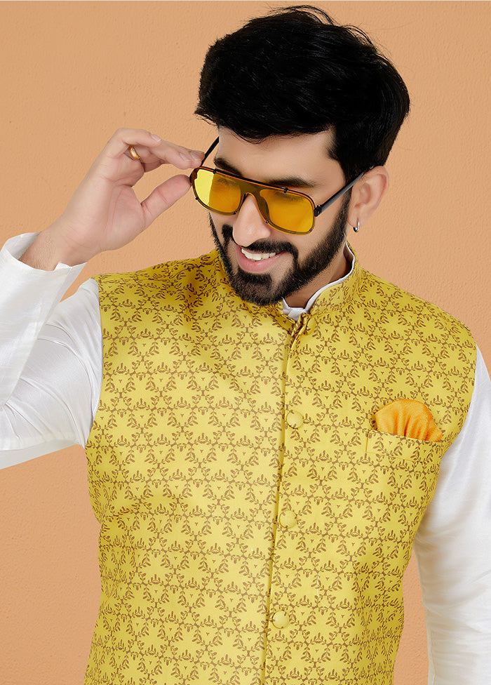 Yellow Full Sleeves Mandarin Collar Waistcoat - Indian Silk House Agencies