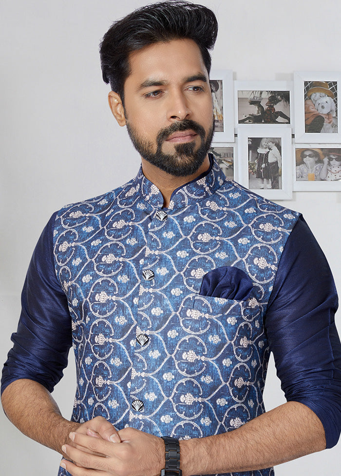 Blue Full Sleeves Mandarin Collar Waistcoat - Indian Silk House Agencies