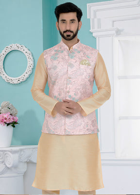 Light Pink Full Sleeves Mandarin Collar Waistcoat - Indian Silk House Agencies