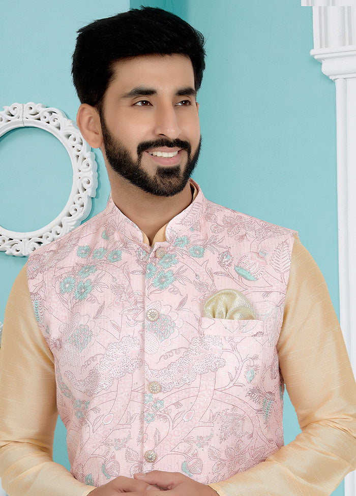Light Pink Full Sleeves Mandarin Collar Waistcoat - Indian Silk House Agencies