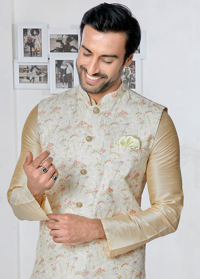 Cream Full Sleeves Mandarin Collar Waistcoat - Indian Silk House Agencies