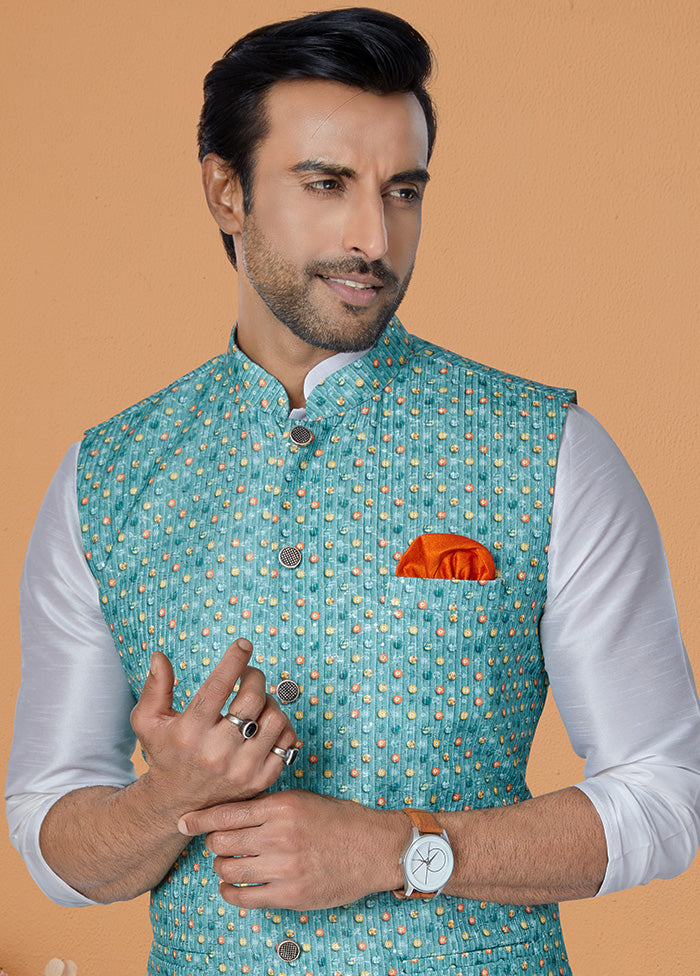 Blue Full Sleeves Mandarin Collar Waistcoat - Indian Silk House Agencies