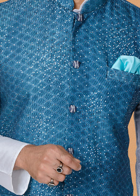 Blue Full Sleeves Mandarin Collar Waistcoat