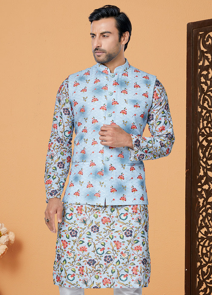 Sky Blue Full Sleeves Mandarin Collar Waistcoat - Indian Silk House Agencies