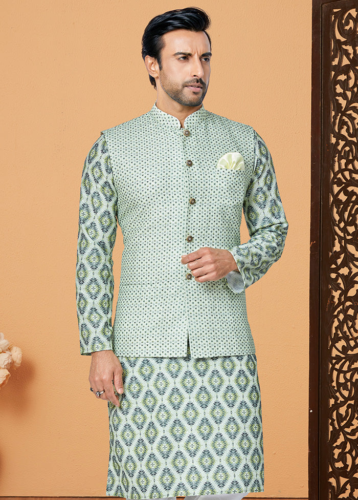 Mehendi Full Sleeves Mandarin Collar Waistcoat - Indian Silk House Agencies