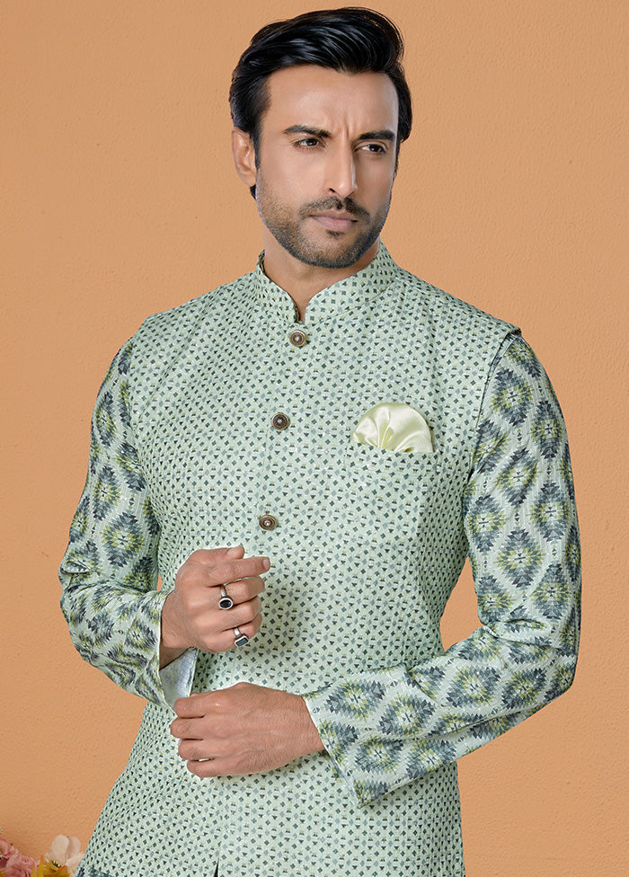 Mehendi Full Sleeves Mandarin Collar Waistcoat - Indian Silk House Agencies