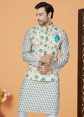 Green Full Sleeves Mandarin Collar Waistcoat - Indian Silk House Agencies