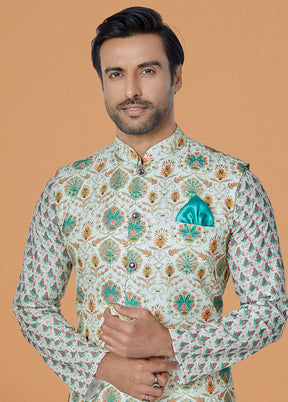 Green Full Sleeves Mandarin Collar Waistcoat - Indian Silk House Agencies