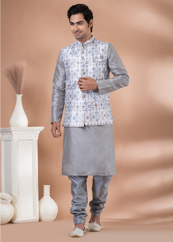 3 Pc Grey Dupion Silk Ethnic Wear Set