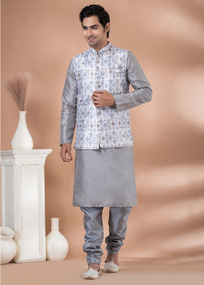 3 Pc Grey Dupion Silk Ethnic Wear Set