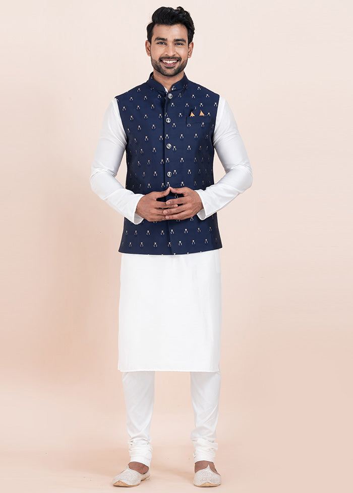 3 Pc White Dupion Silk Kurta Pajama Set