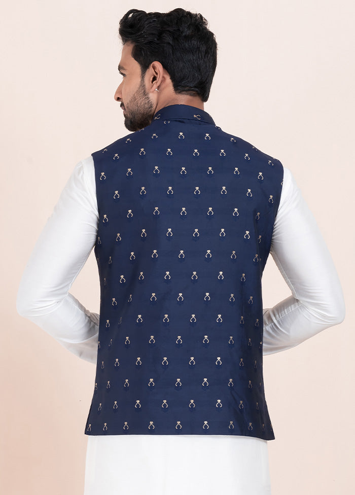 Navy Blue Full Sleeves Mandarin Collar Waistcoat