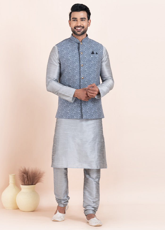 3 Pc Grey Dupion Silk Kurta Pajama Set