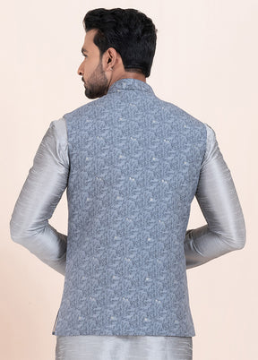 Grey Full Sleeves Mandarin Collar Waistcoat