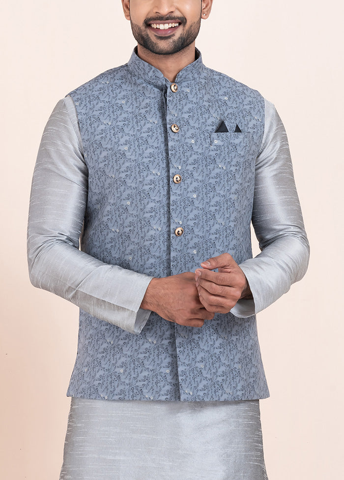 Grey Full Sleeves Mandarin Collar Waistcoat