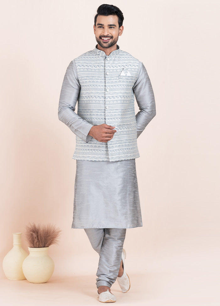 3 Pc Grey Dupion Silk Kurta Pajama Set