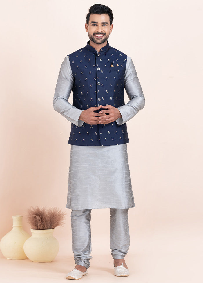 3 Pc Grey Dupion Silk Kurta Pajama Set