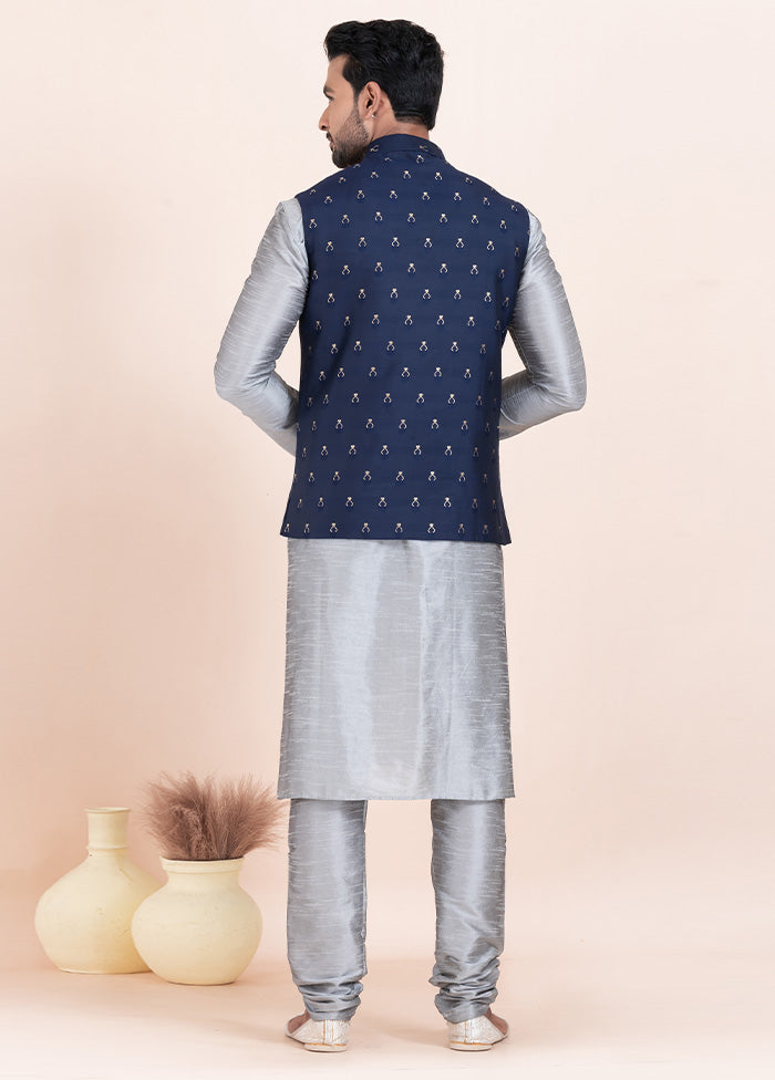 3 Pc Grey Dupion Silk Kurta Pajama Set