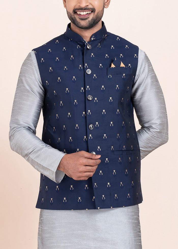 Navy Blue Full Sleeves Mandarin Collar Waistcoat