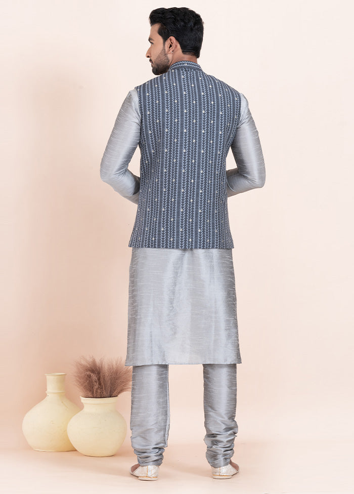 3 Pc Grey Dupion Silk Kurta Pajama Set