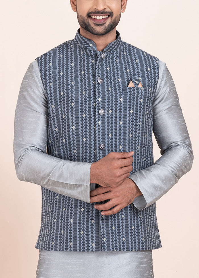 3 Pc Grey Dupion Silk Kurta Pajama Set