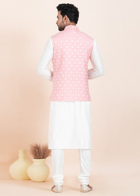 3 Pc White Dupion Silk Kurta Pajama Set